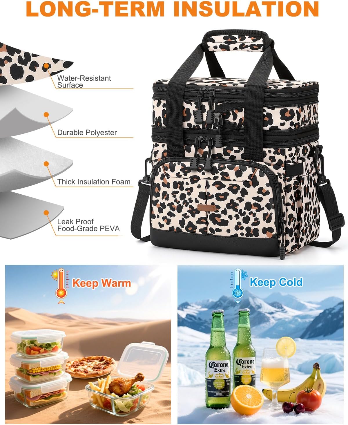 Pritent Lunch Box For Men Women Double Deck Insulated Lunch Bag For Men Woman Leakproof Expandable Cooler Bag with Adjustable Shoulder Strap for Kids Shool Work Picnic Camping(Beige,Large)