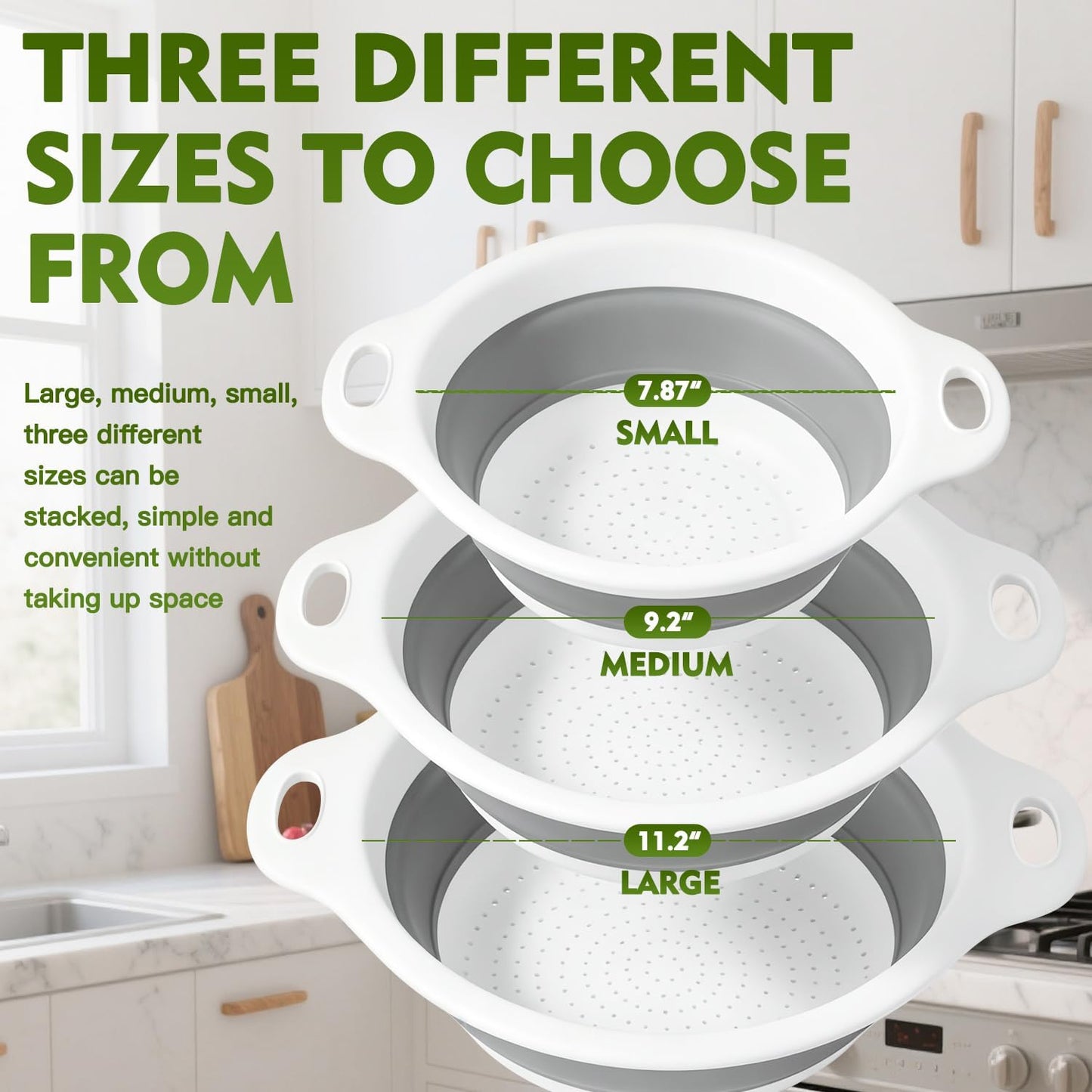 Collapsible Colanders Set, 3 Pack Food Strainers with Over-Sink Water Draining Base for Pasta Fruits and Vegetables