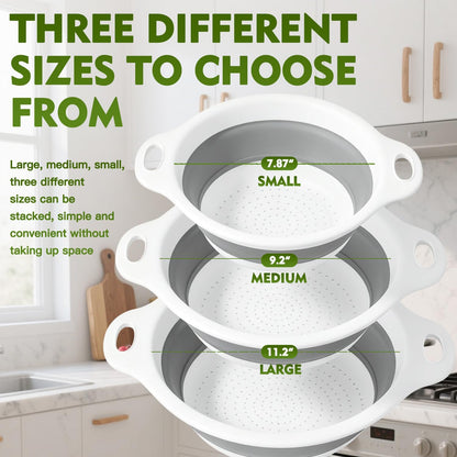 Collapsible Colanders Set, 3 Pack Food Strainers with Over-Sink Water Draining Base for Pasta Fruits and Vegetables
