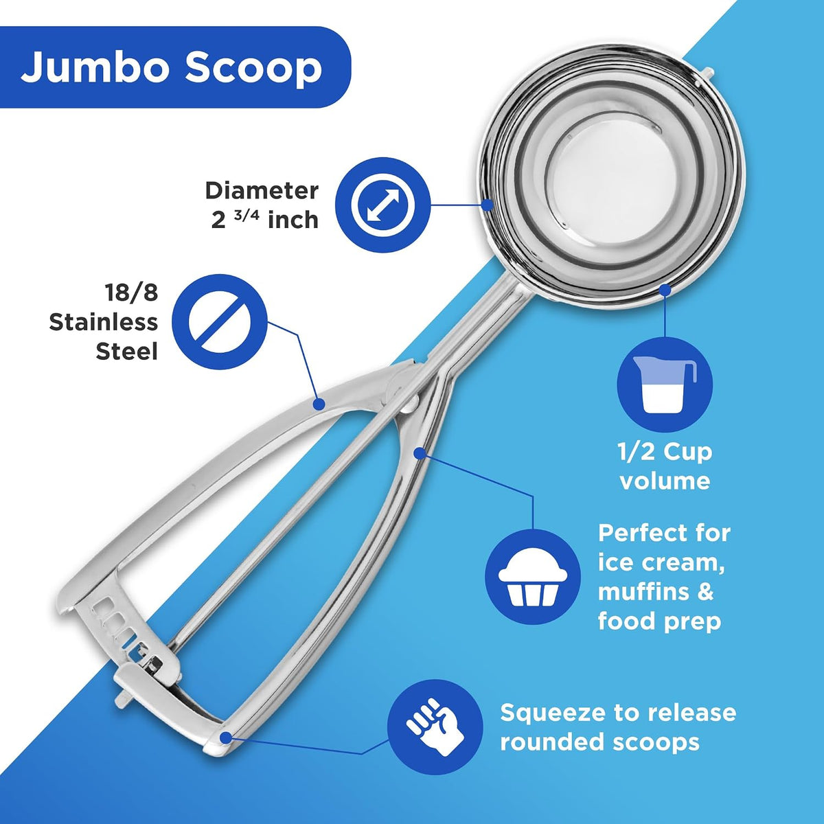 Jenaluca Jumbo Ice Cream, Cupcake & Muffin Scoop, Stainless Steel, 1/2 Cup