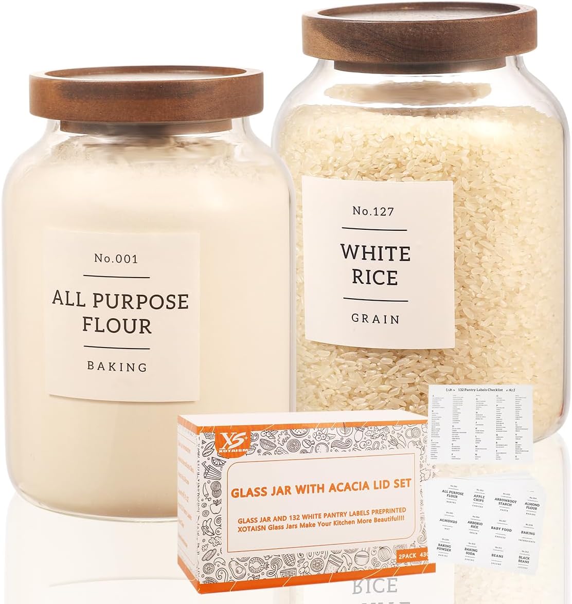2 Pack Large Glass Flour and Sugar Storage Containers with Airtight Acacia Wood Lids and 132 Kitchen Pantey Labels Preprint - 1 Gallon Borosilicate Glass Canister Sets for Food,Pasta,Cookie,Rice