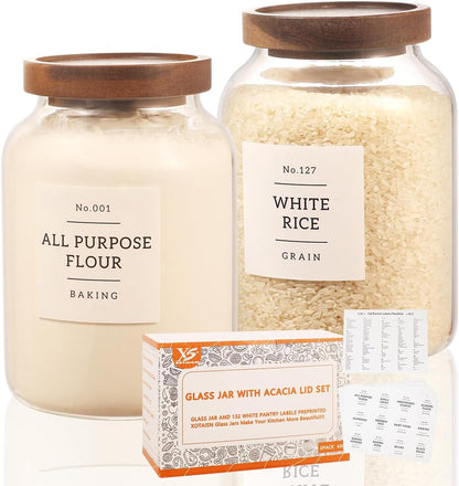 2 Pack Large Glass Flour and Sugar Storage Containers with Airtight Acacia Wood Lids and 132 Kitchen Pantey Labels Preprint - 1 Gallon Borosilicate Glass Canister Sets for Food,Pasta,Cookie,Rice