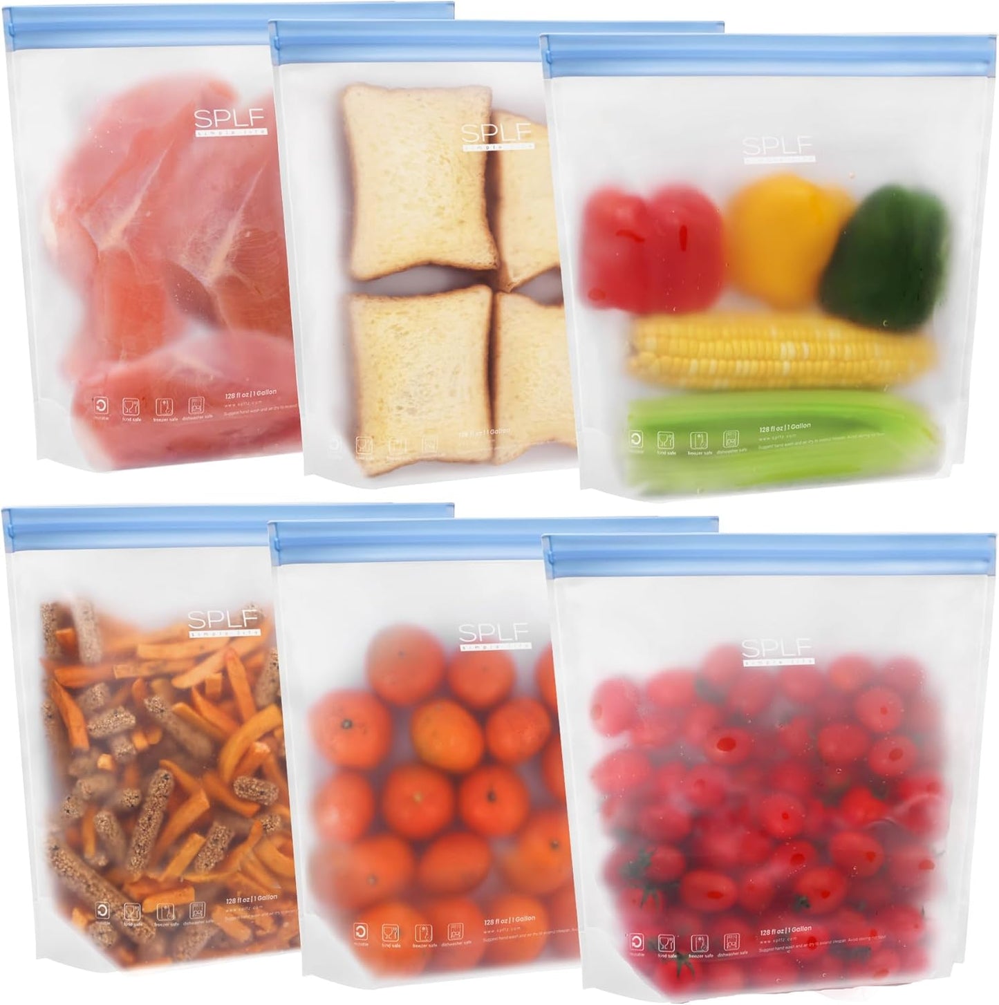 SPLF 10 Pack Stand-Up Reusable Quart Freezer Bags Dishwasher Safe, Extra Thick Leakproof 1 Quart Food Storage Bags, BPA Free Bags for Meal Prep, Sandwich, Snack, Fridge Organization