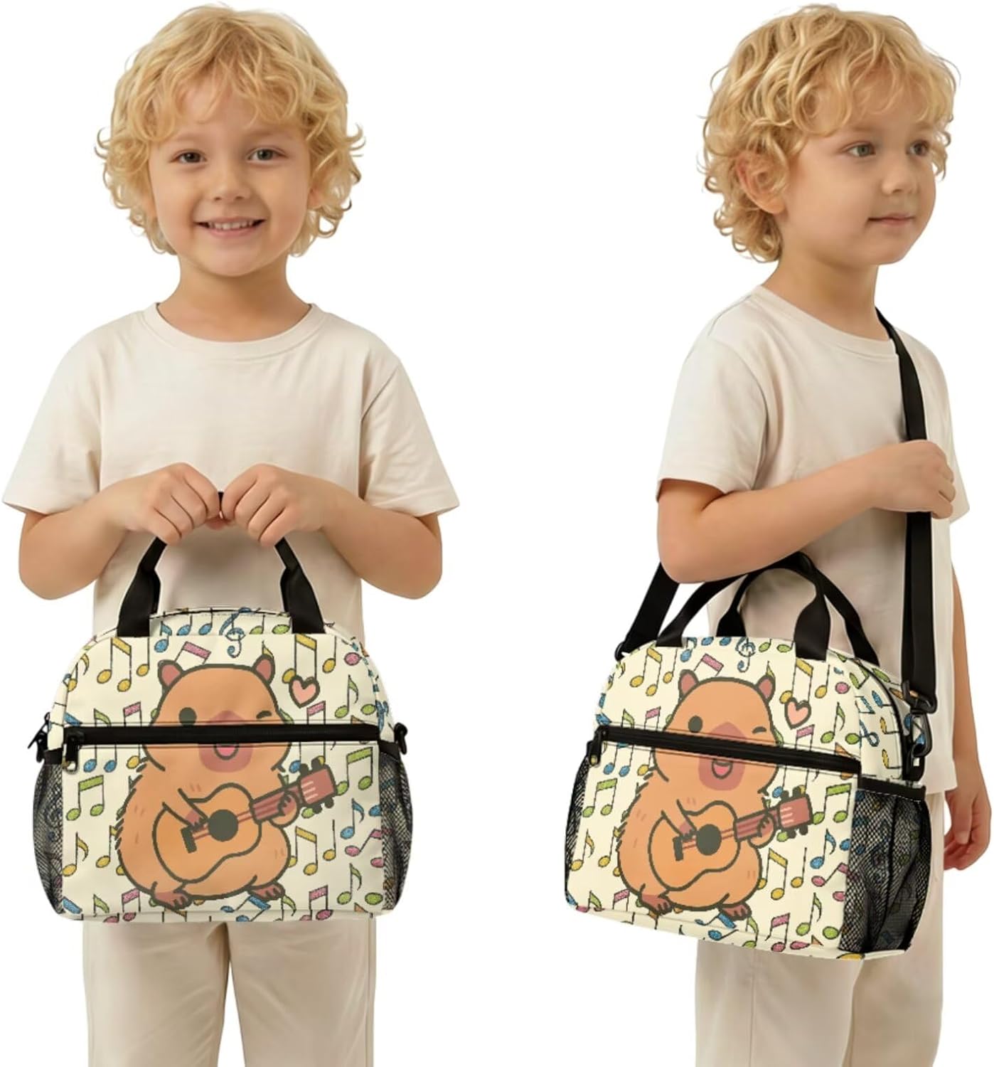 Cute Capybara Pizza Backpack for Girls, 5 Pcs Boys School Bag Set for Kids, 17 Inch Backpacks Lunch Pencil Box Reusable Utensils Case Set for Middle Elementary School, 3rd Grade Backpack