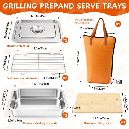 8-in-1 Stainless Steel Grill Prep Tray and Carry System with Meat Resting Bag, Bamboo Cutting Board, Rack, Pans & Lids - Outdoor BBQ Kit Grill Accessories for Cooking, Camping, Kitchen Prep(Large)