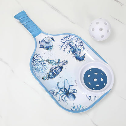 UPware Flamingo Melamine Chip and Dip Snack Tray, Tropical Floral Pickleball Paddle Shape Platter for Chips, Salsa, Fruits, and Appetizers, 15.75 x 8 Inch