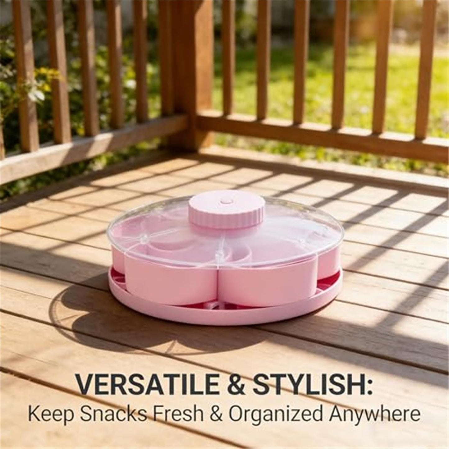 Divided Serving Tray That Spins – Perfect for Snacks, Dips & Party Appetizers, Portable Rounded Veggie Tray with Rotating Cover, Rotating Snack Box Container with Lid (Pink)