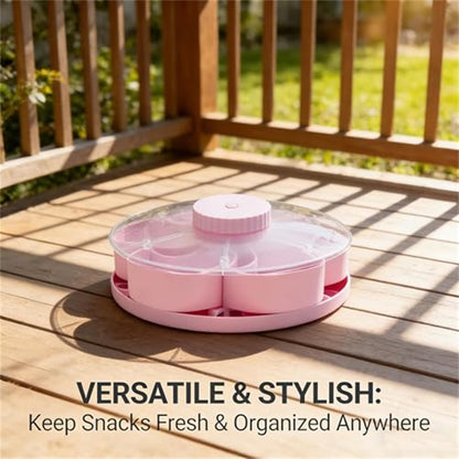 Divided Serving Tray That Spins – Perfect for Snacks, Dips & Party Appetizers, Portable Rounded Veggie Tray with Rotating Cover, Rotating Snack Box Container with Lid (Pink)