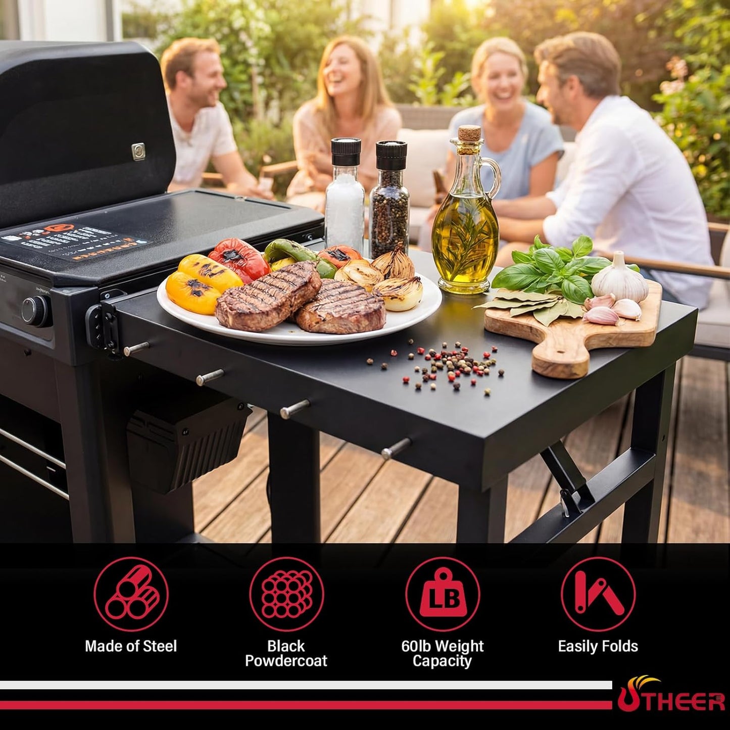 Utheer Folding Side Shelf for Traeger Woodridge Pro/Plus/Elite & Ironwood/Ironwood XL, 24.5" × 20.3" Large BBQ Side Table with 4 Hooks, Foldable Grill Prep Station