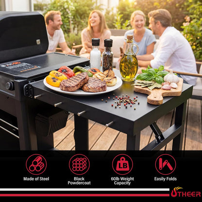 Utheer Folding Side Shelf for Traeger Woodridge Pro/Plus/Elite & Ironwood/Ironwood XL, 24.5" × 20.3" Large BBQ Side Table with 4 Hooks, Foldable Grill Prep Station