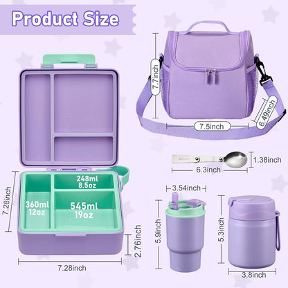 Bento Lunch Box for Kids with 17oz Soup Thermo,Insulated Tumbler Water Bottle and Insulated Lunch Bag,Leak-Proof 3 Compartment Lunch Food Container with Ice Pack for Kids to School-Horse