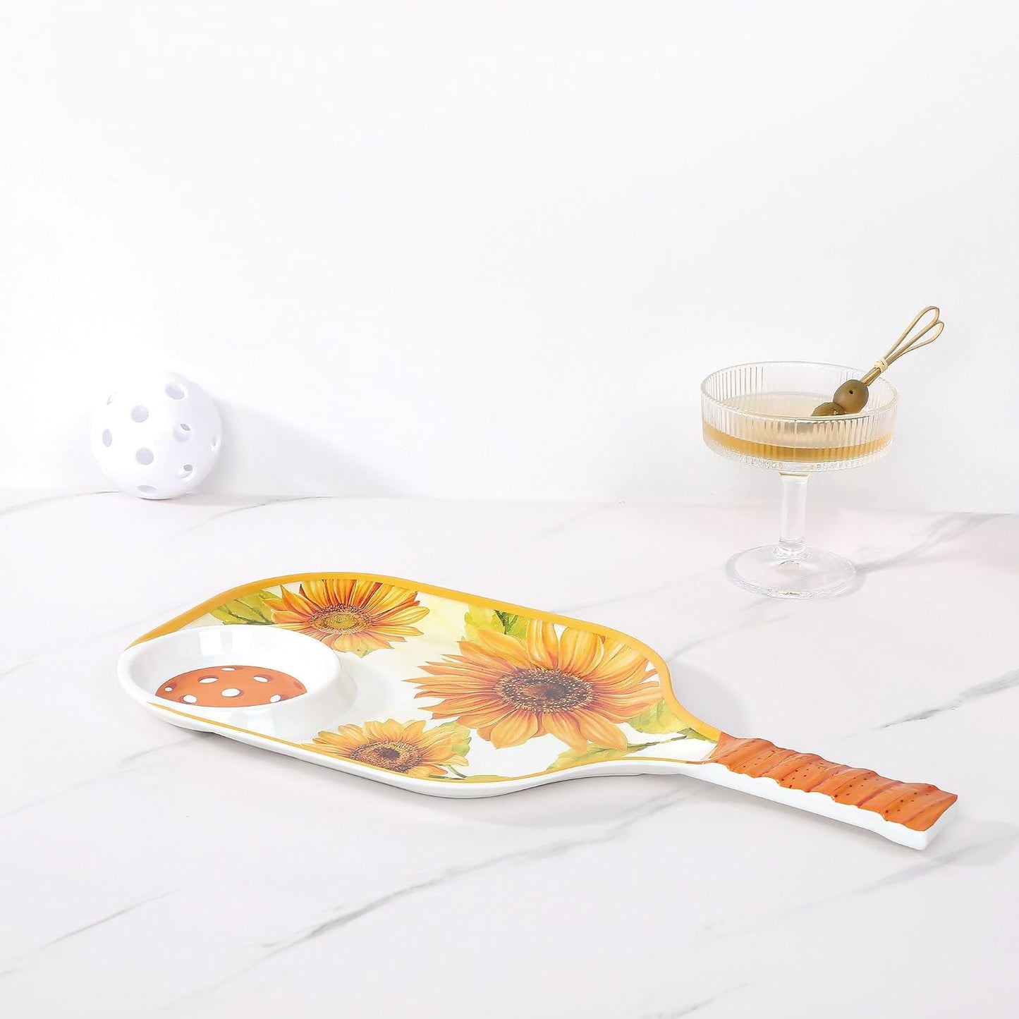 UPware Flamingo Melamine Chip and Dip Snack Tray, Tropical Floral Pickleball Paddle Shape Platter for Chips, Salsa, Fruits, and Appetizers, 15.75 x 8 Inch