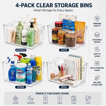 MOONEDGE 4 Pack Clear Plastic Organizer Bins, 2 Large & 2 Small Storage Set | Storage Bins for Pantry, Space-Saving Organizer Containers for Cabinets, Under-Sink, Bathroom, Kitchen, Freezer, Home Storage