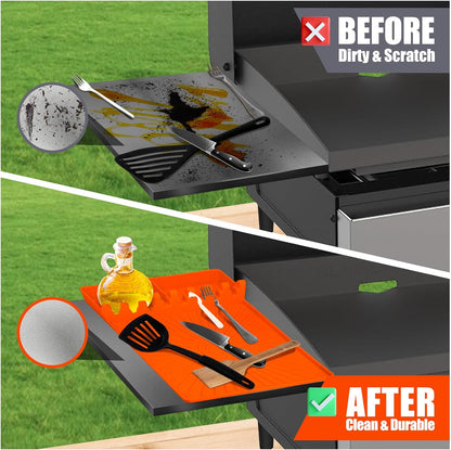 Large Silicone Grill Mat with Drip Pad, Heat Resistant Spatula Holder for Blackstone Side Shelf & Outdoor Kitchen Countertop, Reusable Griddle Accessories for BBQ Enthusiasts and Home Cooks