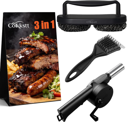 3 Pack Grill Brush for Outdoor Grill Set,Cleaning Kit Tools Heavy Duty Stainless Steel Scraper Scrubber Hand Crank Air Blower Fan Gas Charcoal Smoker Grates Camping BBQ Accessories