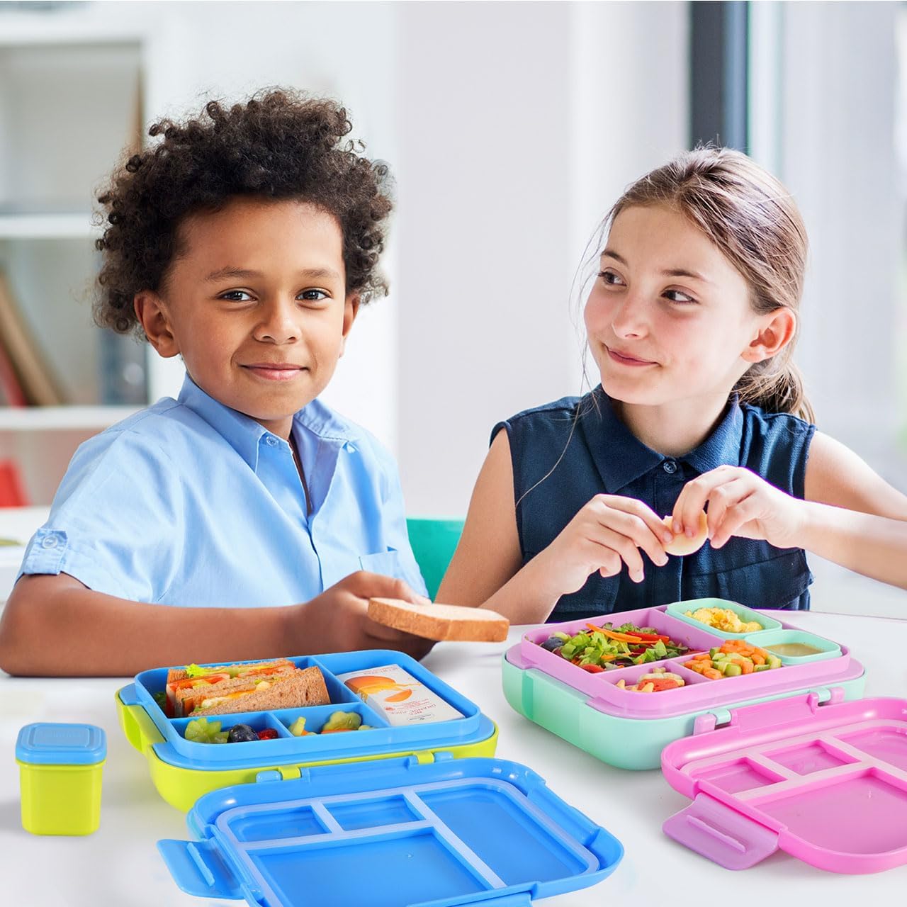 Caperci Bento Box for Kids - Large 4.8 Cups Lunch Box with Two Modular Containers - 4 Compartments, Leak-Proof, Portable Handle, Microwave/Dishwasher Safe, BPA-Free (Jungle Green/Blue)