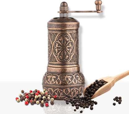 Handmade Decorative Black Pepper Grinder, Zamak Conical Burr, Refillable Turkish Spice Mill Manual Pepper Mill with Handle, Spice Grinder Metal with Hand Crank 11 cm-4.3 inch