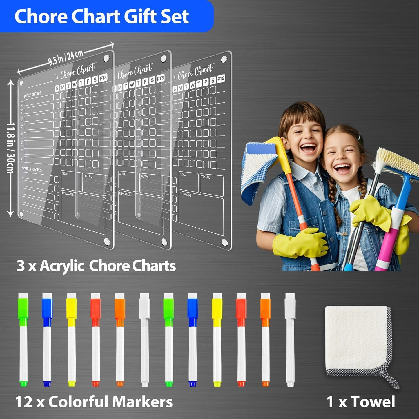PigPotParty Acrylic Magnetic Chore Chart for Adults, 12x9.5 Inch Clear Dry Erase Chore Board for Fridge, Daily Weekly and Notes Sections, Pre-Installed Embedded Magnets, 8 Fine-tip Markers and Towel