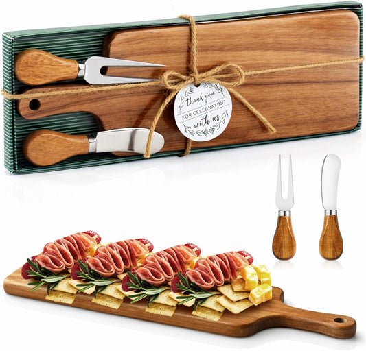 Ziliny 2 Sets Bridal Baby Shower Prizes Cheese Square Wooden Board Gift Set Knives Forks Thank You Tags with Box for Guests for Bridal Baby Shower Wedding Housewarming (Bamboo Color)