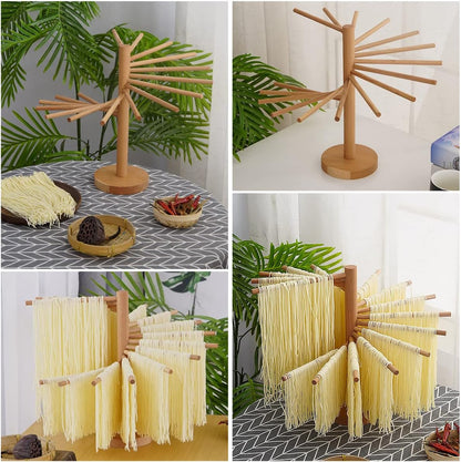 Collapsible Pasta Drying Rack Wooden Spaghetti Stand Dryer with 16 Suspension Rods Homemade Fresh Noodle Hanger Easy Storage(Log Color)