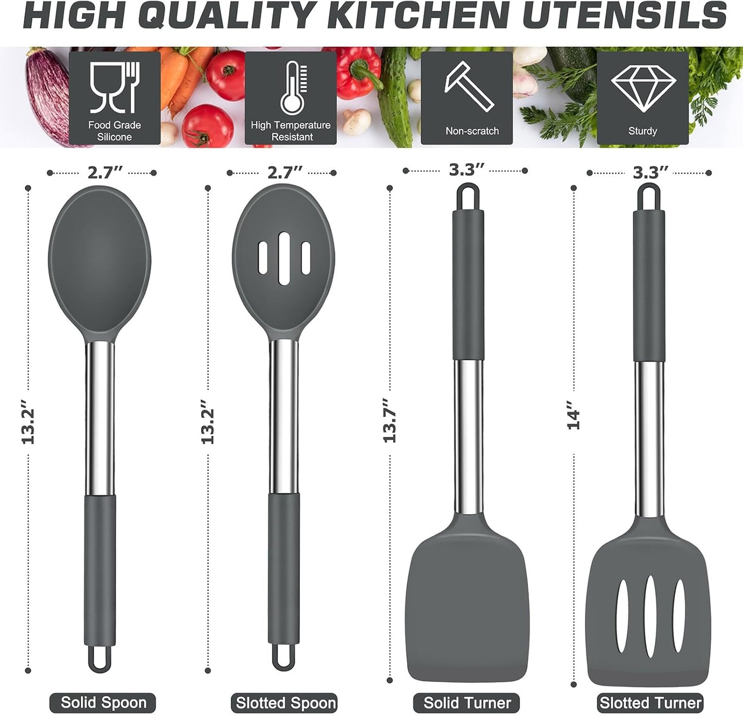 TeamFar Kitchen Utensils, 4 PCS Silicone Cooking Utensils Spatula Spoon Set with Stainless Steel Handle, for Frying Mixing Draining Turning, Healthy & Heat-proof, Non-stick & Dishwasher Safe - Black