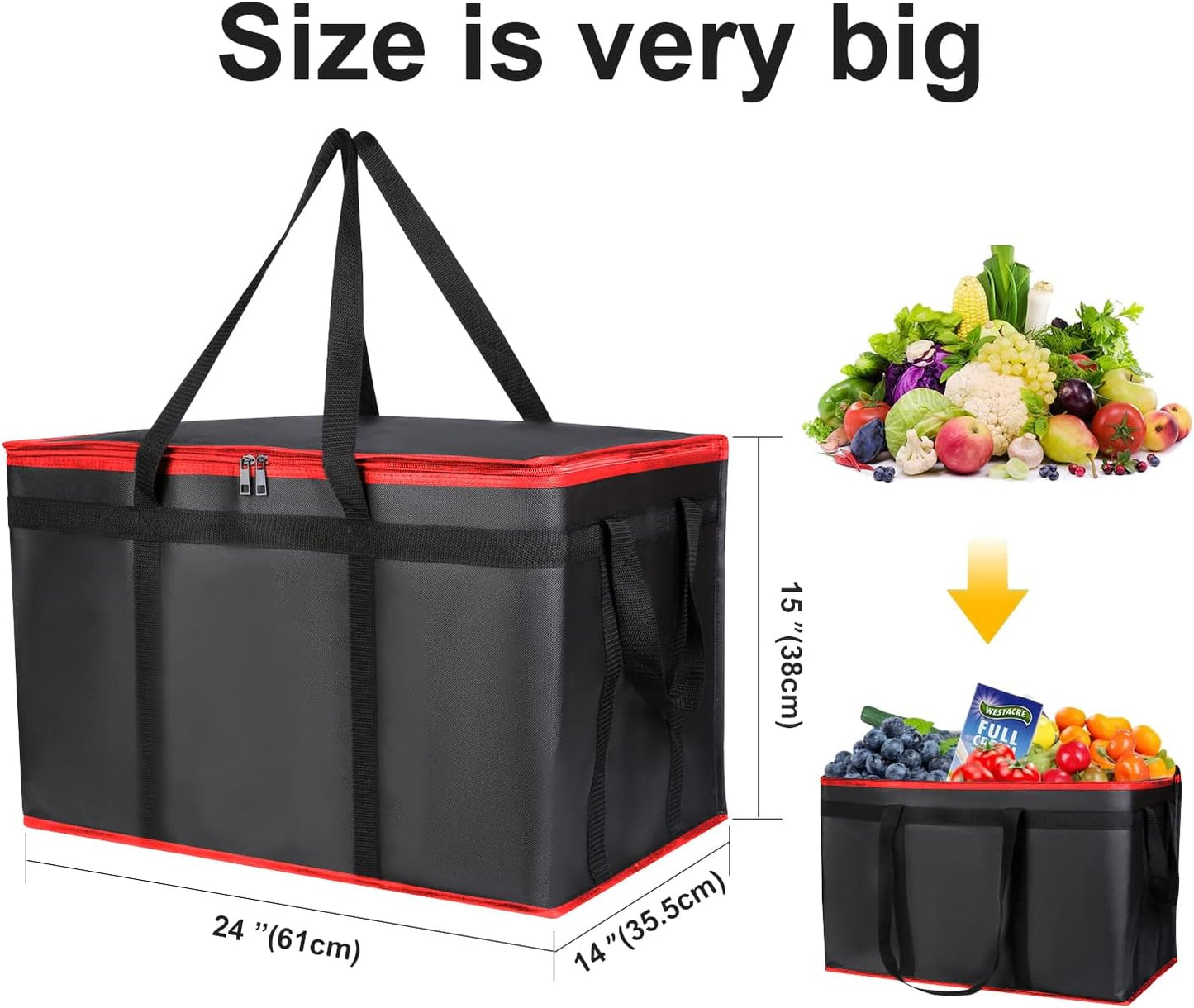 musbus Extra large XXXL Insulated Food Delivery Bag Cooler Bags Keep Food Warm Catering Therma Catering Bag for doordash 22x14x13 Cooler Bags Therma Shopper hot warming RED Pizza BLACK