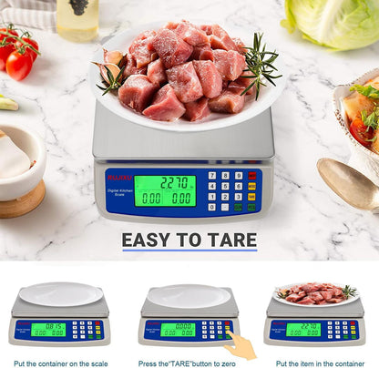 Large Digital Kitchen Scale 30KG Commercial Food Scale 66LB for Baking Bread Meat Stainless Steel Price Computing Scale LCD Display,Prep Counting Scale for Parts and Coins Adapter Included