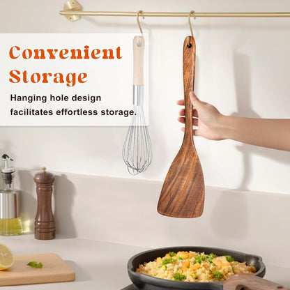 Wooden Spatula, Acacia Solid & Slotted Turner Spatula Set, Long Handle Flat Frying Spatulas, Ideal Kitchen Gift for Mother and Grandma, Kitchen Utensils Set for Cooking, Frying, Baking