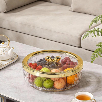 Amagogo Divided Serving Tray with Transparent Lid Snack Tray Rotatable Base Appetizer Platter with 6 Compartments Dessert Dish Suitable for Gift Giving Home D, Golden Bow