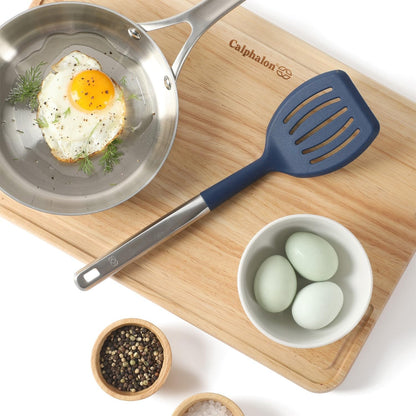 Calphalon Slotted Turner, Kitchen Flipping Spatula, Slotted Spatula, Stainless Steel Turner with Silicone Heat Resistance Handle, Nonstick-Safe Spatula for Draining and Flipping (Navy)