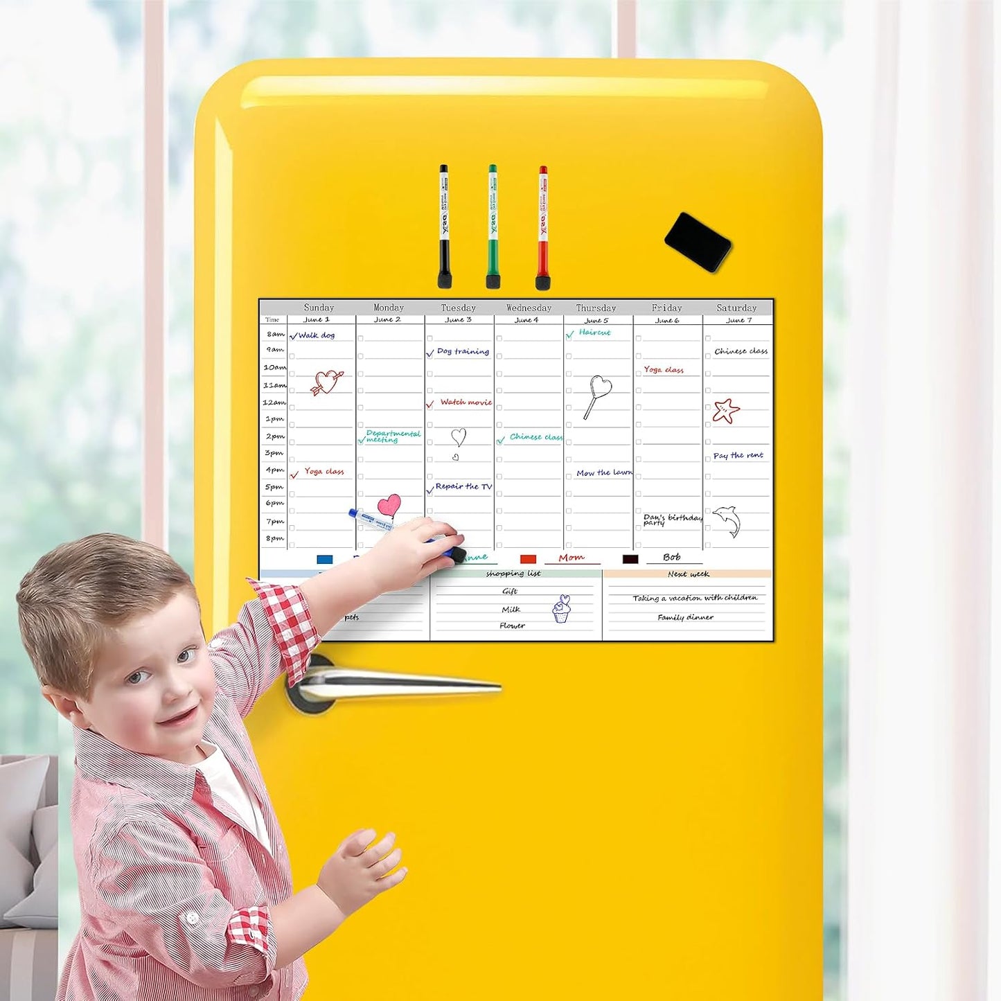 POPRUN Magnetic Weekly Dry Erase Fridge Calendar, 16.9"x11" Whiteboard Planner for Schedule, Shopping Lists, Household Chores, Ideal for Family, Office, Work and Study