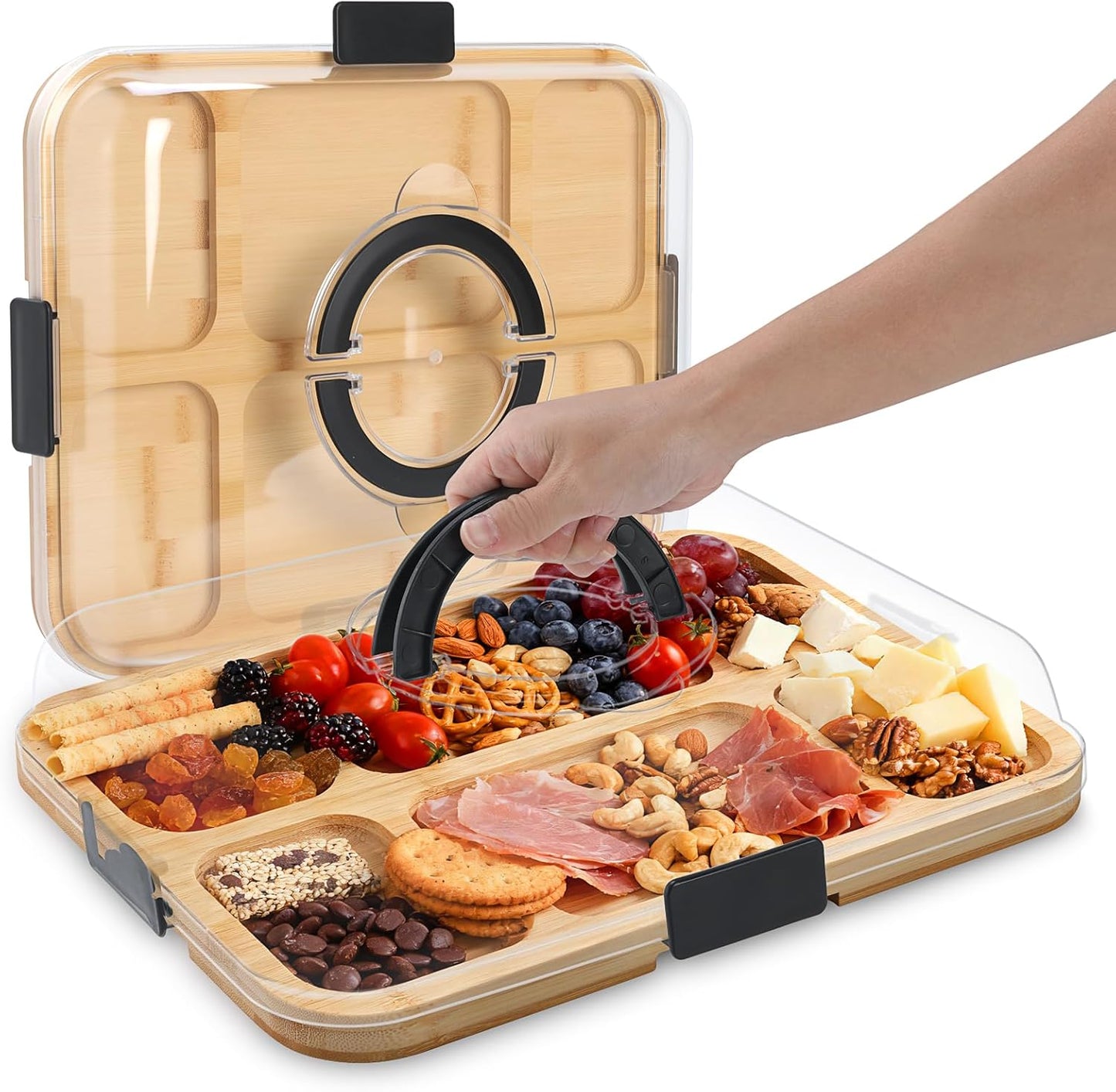 Bamboo Charcuterie Boards with Lid, Travel Portable Cheese Board & Serving Tray with Clear Cover, Charcuterie Boxes for Picnic, Kitchen, Housewarming Gifts for Women & New Home (A-6 Compartment))