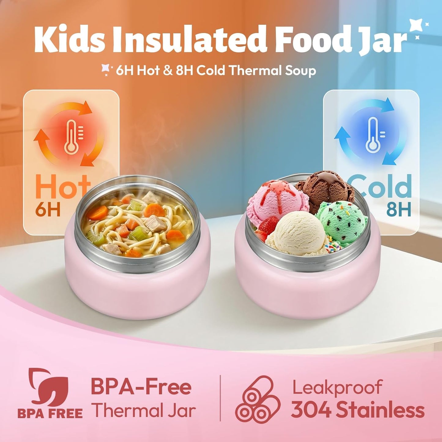 Itslife Bento Box for Kids Set, Insulated Food Container,Kids Lunch Box, 7 oz Thermos for Hot Food, 12 oz Thermos Water Bottle, Reusable Insulated Ice Bag & Fork Spoon Utensils Camping Travel Pink