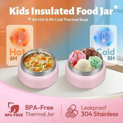 Itslife Bento Box for Kids Set, Insulated Food Container,Kids Lunch Box, 7 oz Thermos for Hot Food, 12 oz Thermos Water Bottle, Reusable Insulated Ice Bag & Fork Spoon Utensils Camping Travel Pink