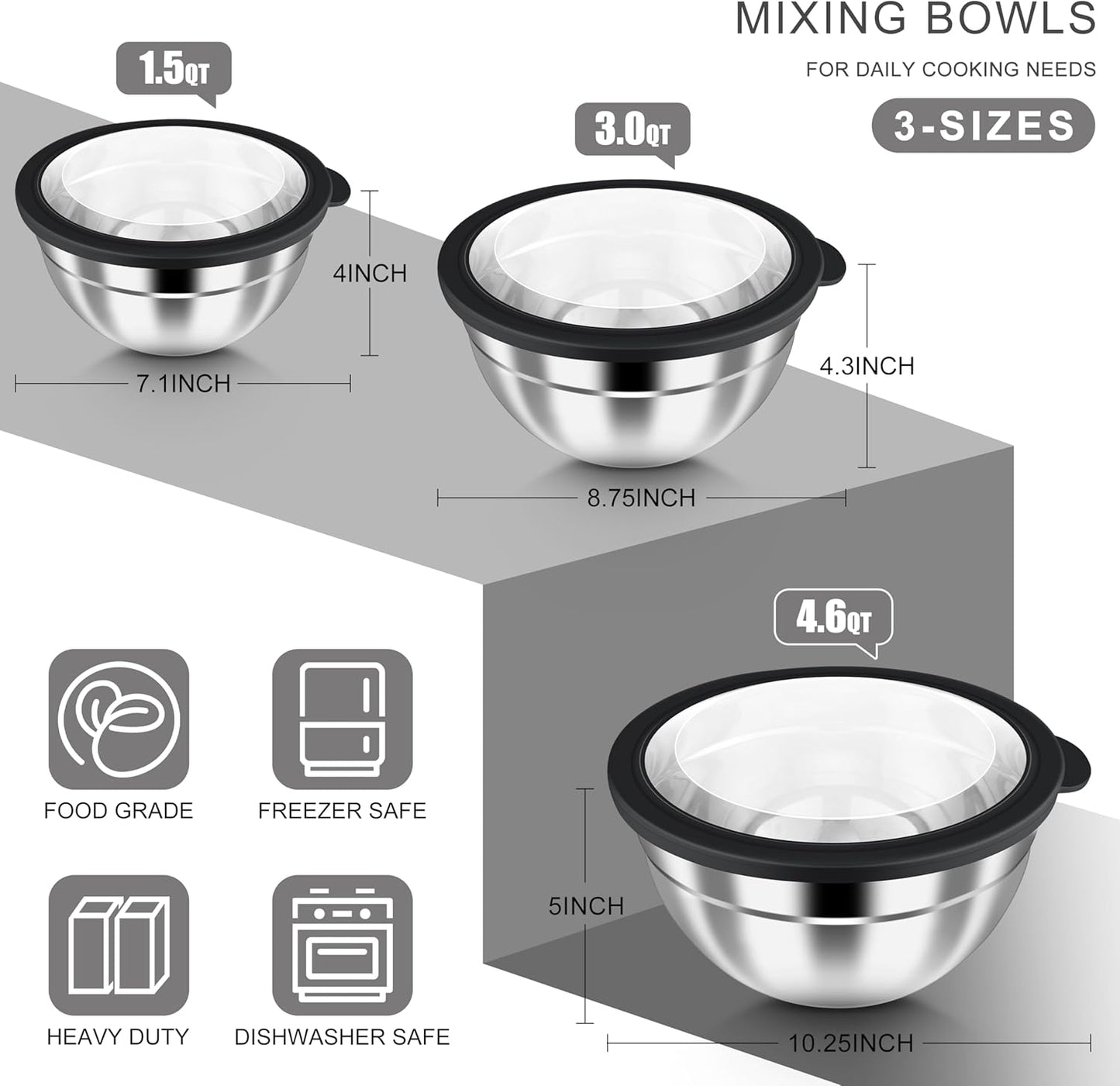 HaWare Mixing Bowls with Airtight Clear Lids, 6-Piece Stainless Steel Strong Nesting Bowls Set, Metal Salad Bowl for Cooking, Prepping, Baking, Serving & Food Storage, Size 4.6, 3, 1.5QT, Khaki