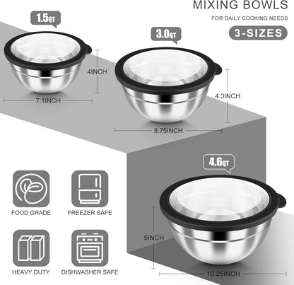 HaWare Mixing Bowls with Airtight Clear Lids, 6-Piece Stainless Steel Strong Nesting Bowls Set, Metal Salad Bowl for Cooking, Prepping, Baking, Serving & Food Storage, Size 4.6, 3, 1.5QT, Khaki