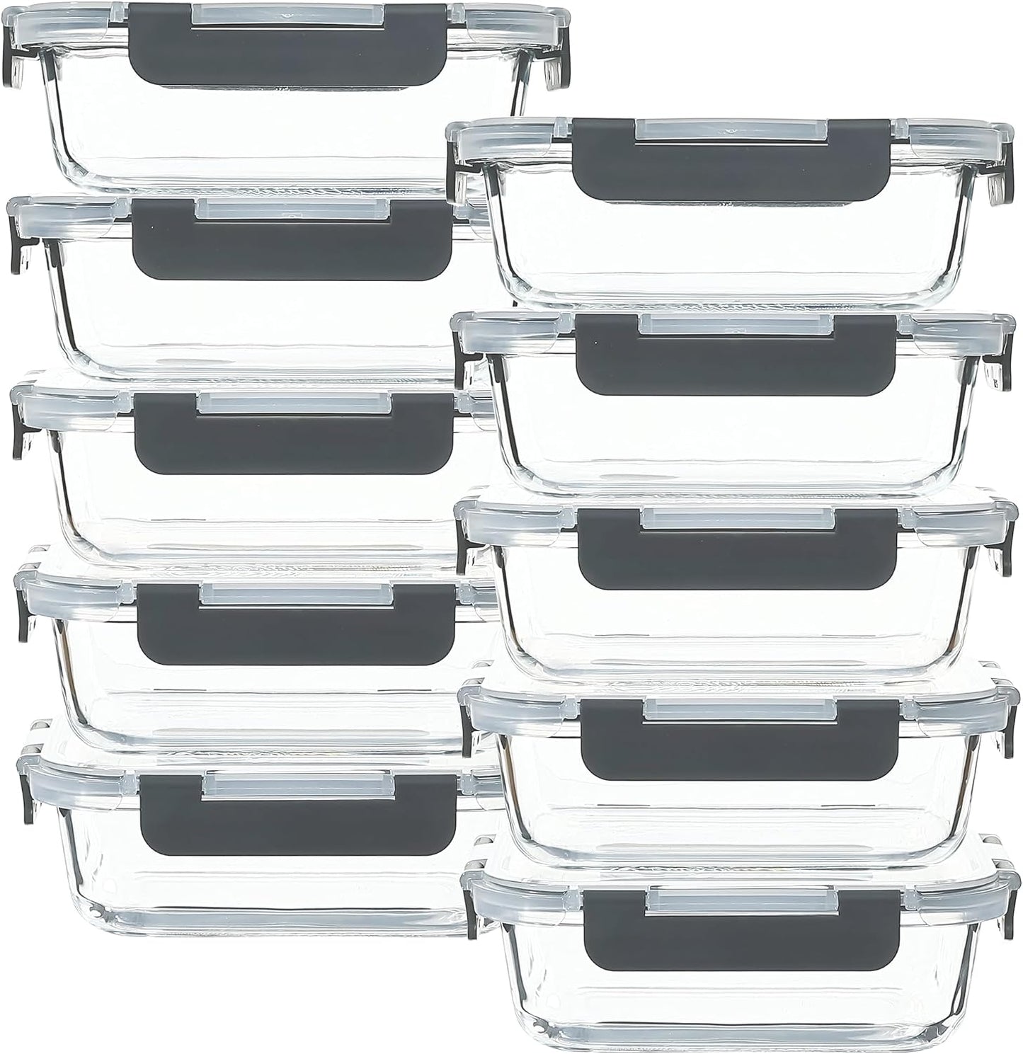Glass Food Storage Containers 10 Pack - 22Oz Meal Prep Container Set with Lid, Airtight Snap Lock, Microwave Freezer Oven Dishwasher Safe, Lunch Box for Work, Grey