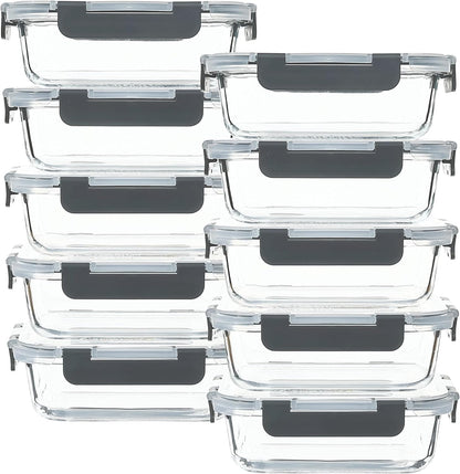 Glass Food Storage Containers 10 Pack - 22Oz Meal Prep Container Set with Lid, Airtight Snap Lock, Microwave Freezer Oven Dishwasher Safe, Lunch Box for Work, Grey