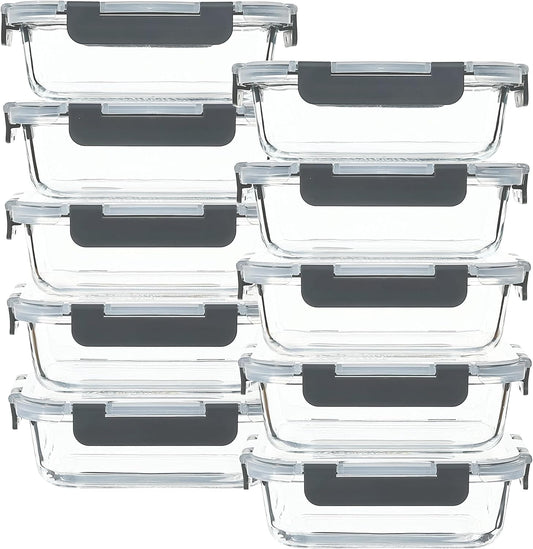 Glass Food Storage Containers 10 Pack - 22Oz Meal Prep Container Set with Lid, Airtight Snap Lock, Microwave Freezer Oven Dishwasher Safe, Lunch Box for Work, Grey