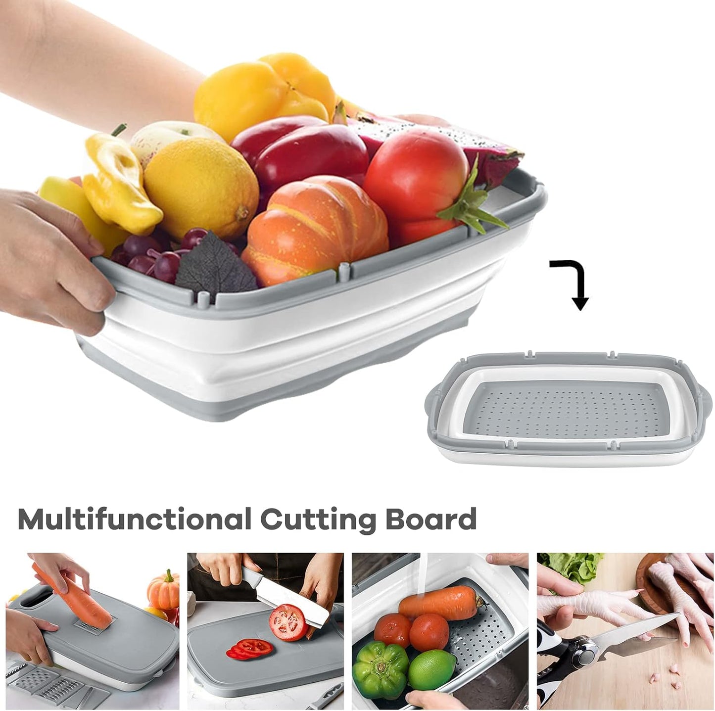 9-in-1Collapsible Cutting Board with Colander Wash Basket Camping RV Gift