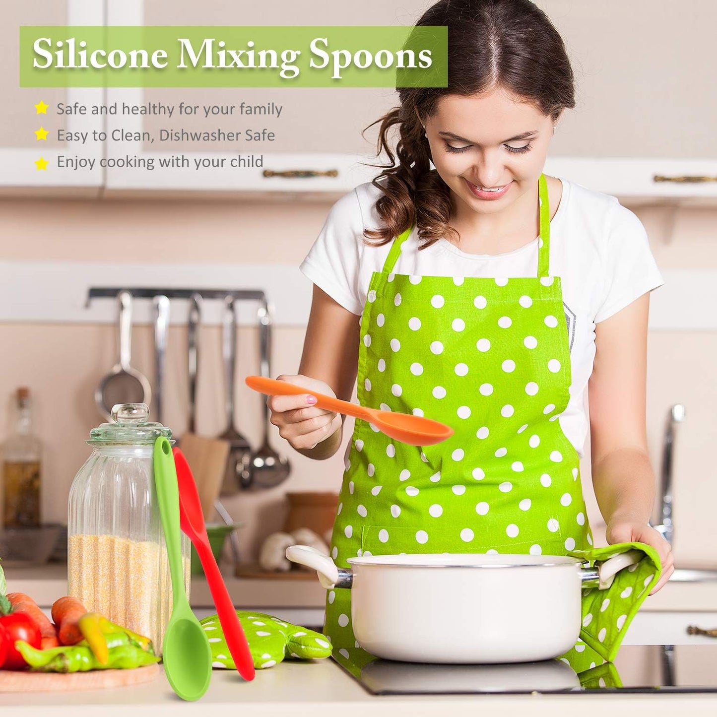 Shappy 4 Pieces Silicone Cooking Spoons 10.6 Inch Heat Resistant Kitchen Spoons for Mixing, Serving and Stirring Upgrade Large Non Stick Basting Utensils, Dishwasher Safe(Spoon,Fashionable Color)