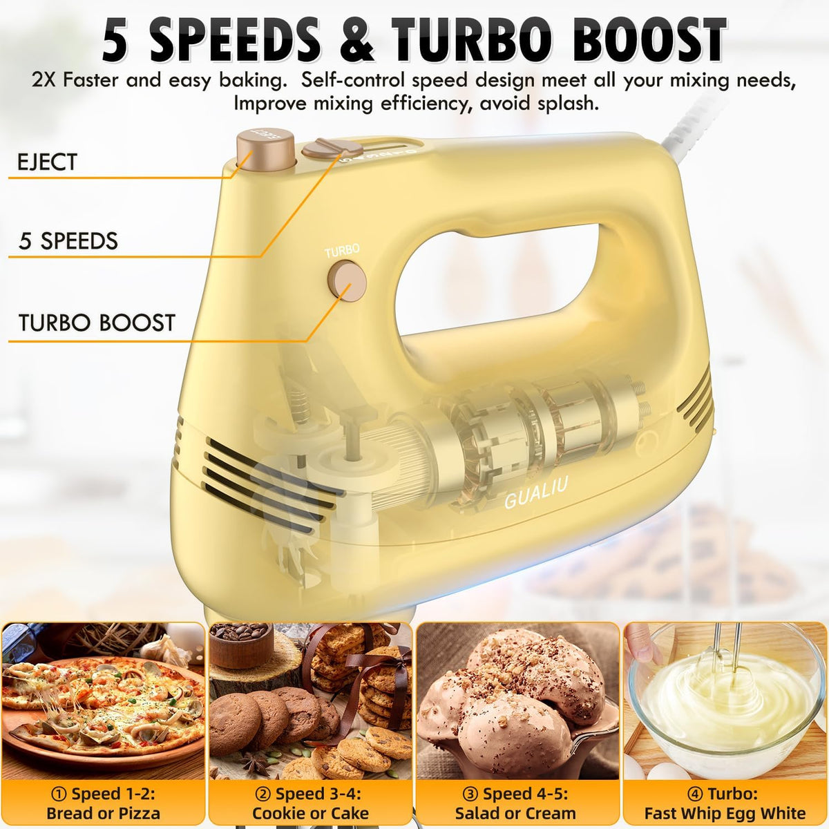 GUALIU Electric Hand Mixer, 304*(2* Beaters, 2* Dough Hooks), (1* Storage Bag) Handheld Mixer for Baking Cakes, Eggs, Cream Food Mixers, Turbo Boost /5 Speed Kitchen Blender PINK