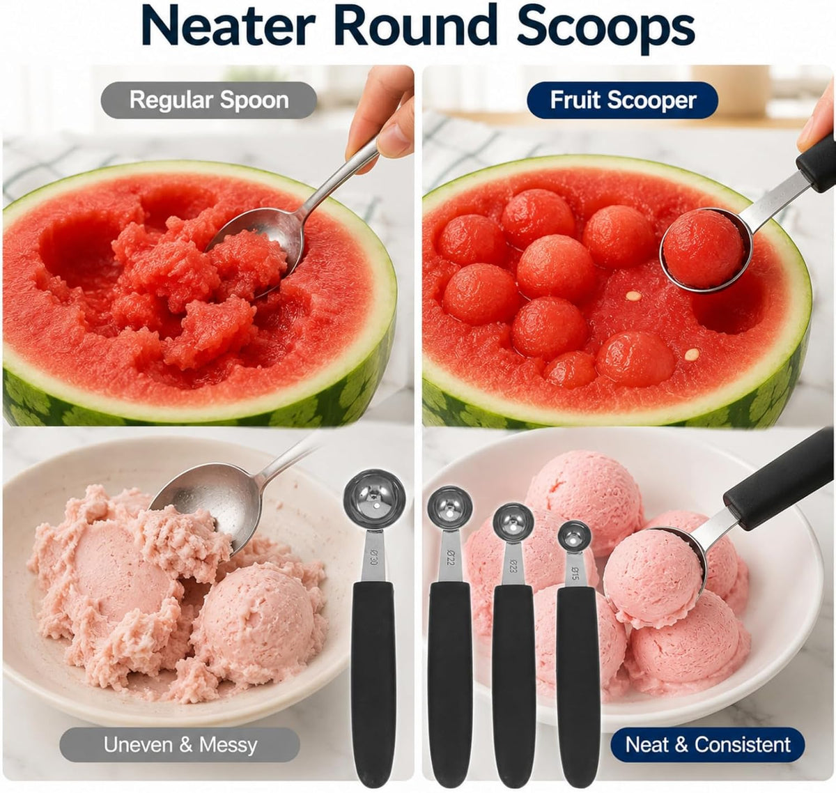 4 Pack Melon Baller Scoop Set, Stainless Steel Fruit Scoopers