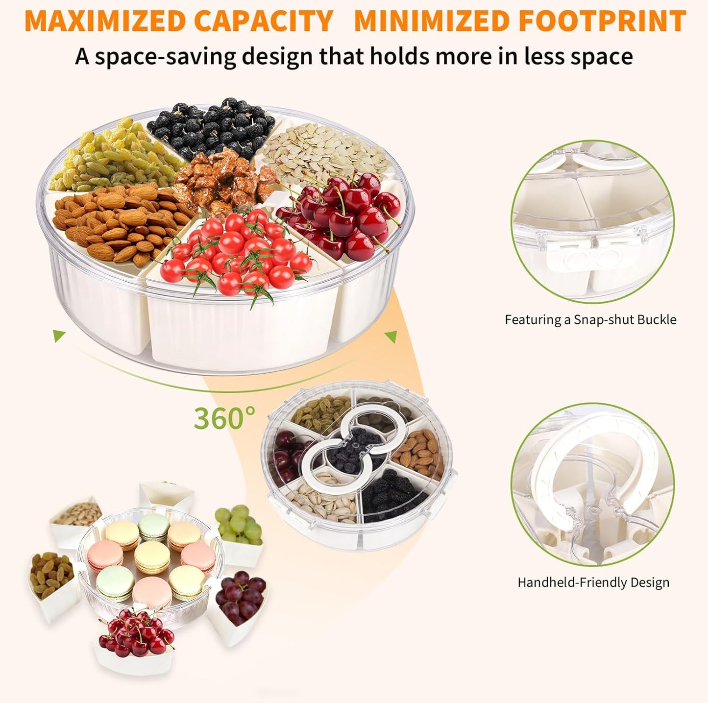 Aufind Divided Serving Tray with Lid and Handle, Stackable Snackle Box Container for Fruits Candy Veggies, Portable Spinning Rounded Tray with 6 Removable Dip Bowls
