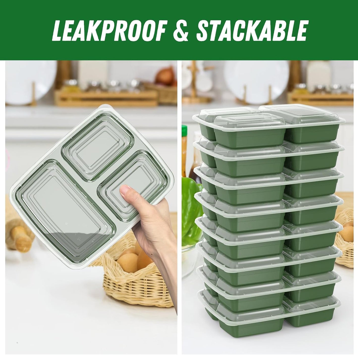 50 Pack (100-Piece) 32 oz Meal Prep Containers Reusable with Lids 3-Compartment, To Go Take Out Plastic Food Storage Containers, Sturdy Leakproof Food Safe, Microwave Freezer Dishwasher Safe, Black