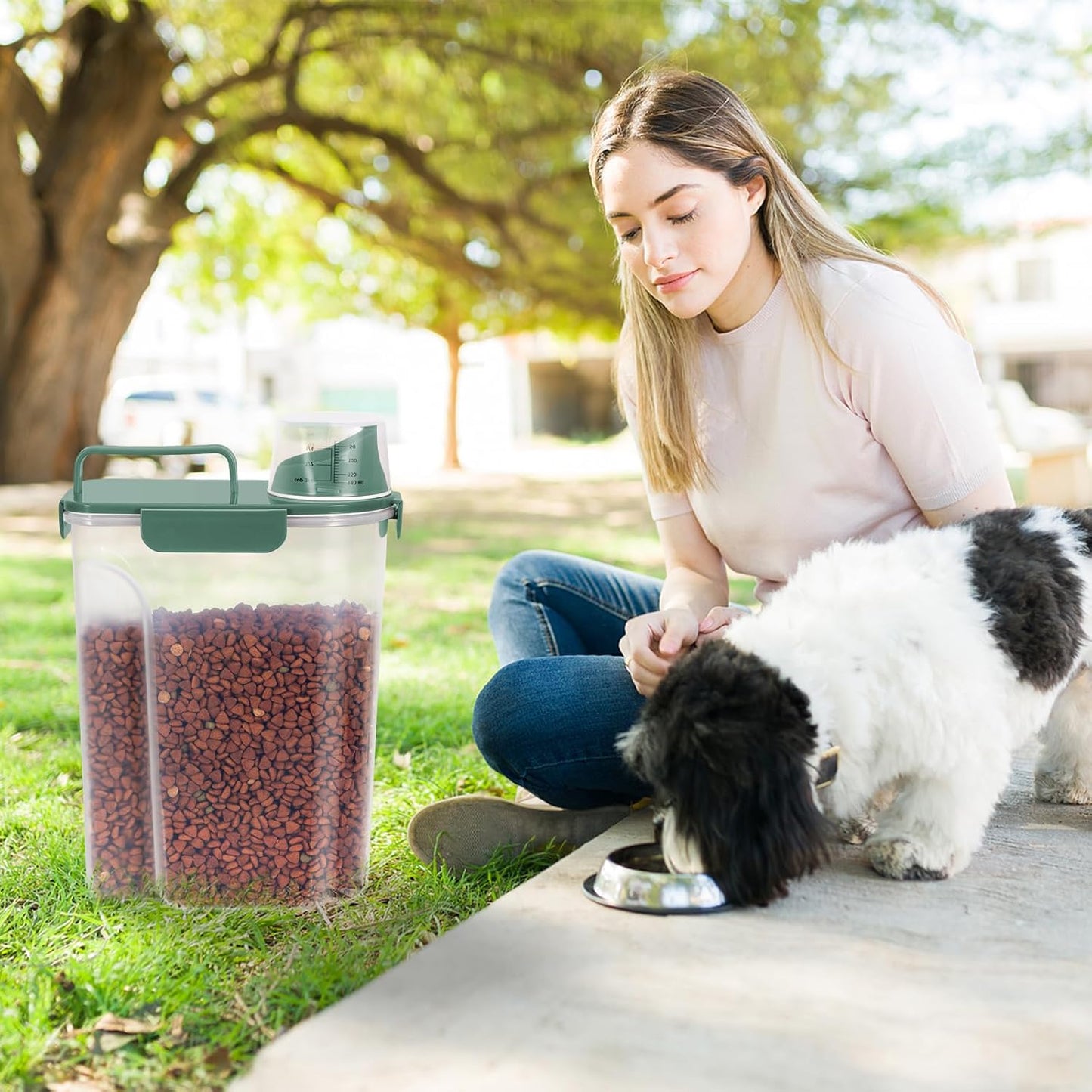 LEAWALK 5-7Lbs Cat Dog Storage Container, Portable Pet Food Containers with Upgraded Large Spout and Cup, Small Animal Kibble Dispenser for Bird Seed, Oatmeal, Rice, Flour, Brown Sugart-Dark Green