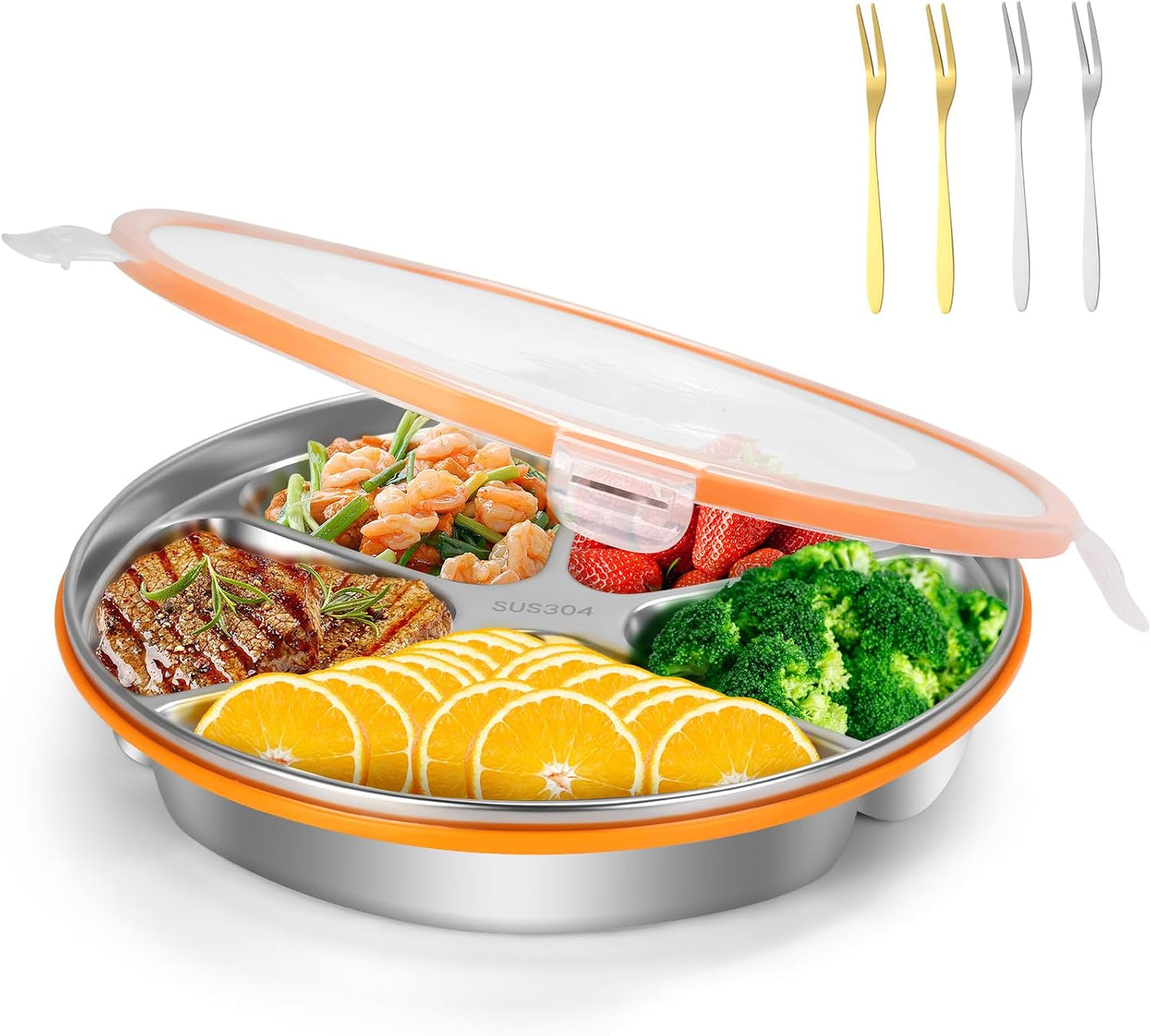 Divided Serving Tray with Lid SUS 304 Snackle Box Reusable Veggie Tray Serving Plate with 4 Forks Stainless Steel Snack Platter for Picnic Party and Travel 5 Compartments