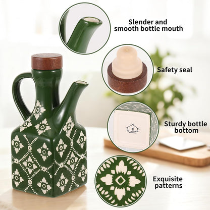 8.5 oz Ceramic Olive Oil Dispenser Bottle Decorative Olive Oil Dispenser Bottle with Handle & Wooden Stopper Relief Opaque Ceramic Oil Cruet for Kitchen Cooking Oil Vinegar (Blue)