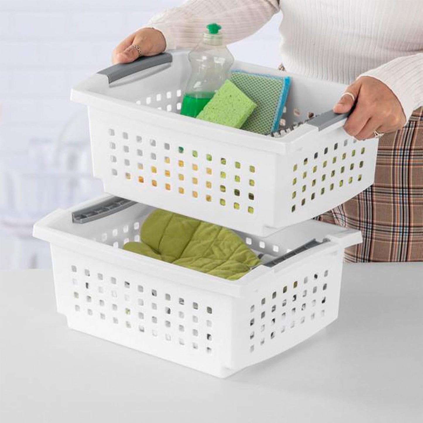 Sterilite Medium Stacking Basket, Plastic Storage Bin to Organize Countertops, Shelves, Closets, Classroom, Bathroom, and Dorm, White with Gray Handles, 4-pack