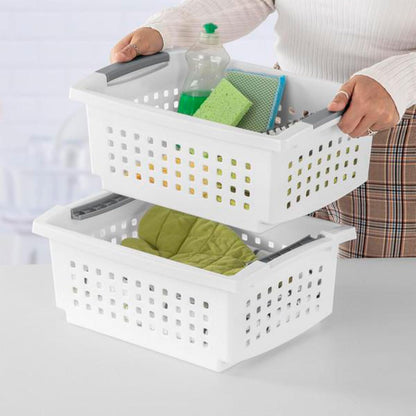 Sterilite Medium Stacking Basket, Plastic Storage Bin to Organize Countertops, Shelves, Closets, Classroom, Bathroom, and Dorm, White with Gray Handles, 4-pack